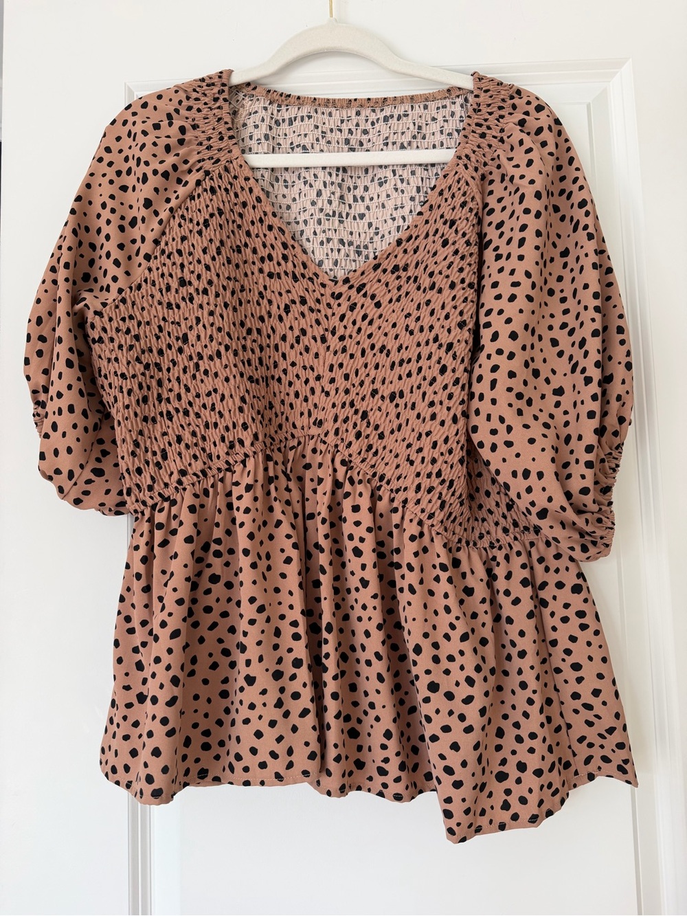 Womens Black Dot Tan Smocked Peplum Top